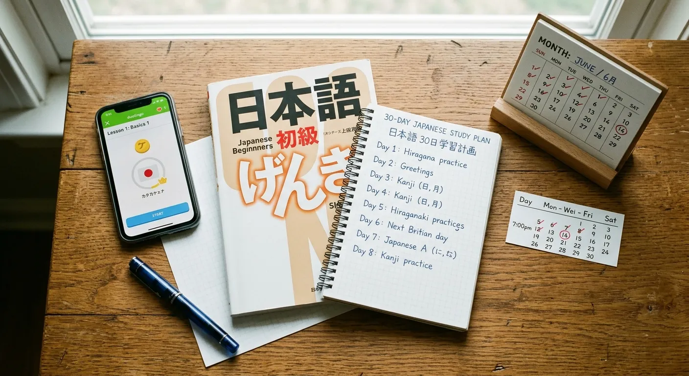 Composición flat-lay sobre escritorio de madera: libro para principiantes, cuaderno con plan de 30 días, smartphone, pluma y calendario marcado