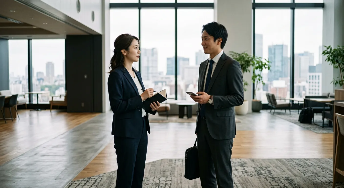 Dos profesionales japoneses conversando con postura compuesta en una oficina moderna de Tokio