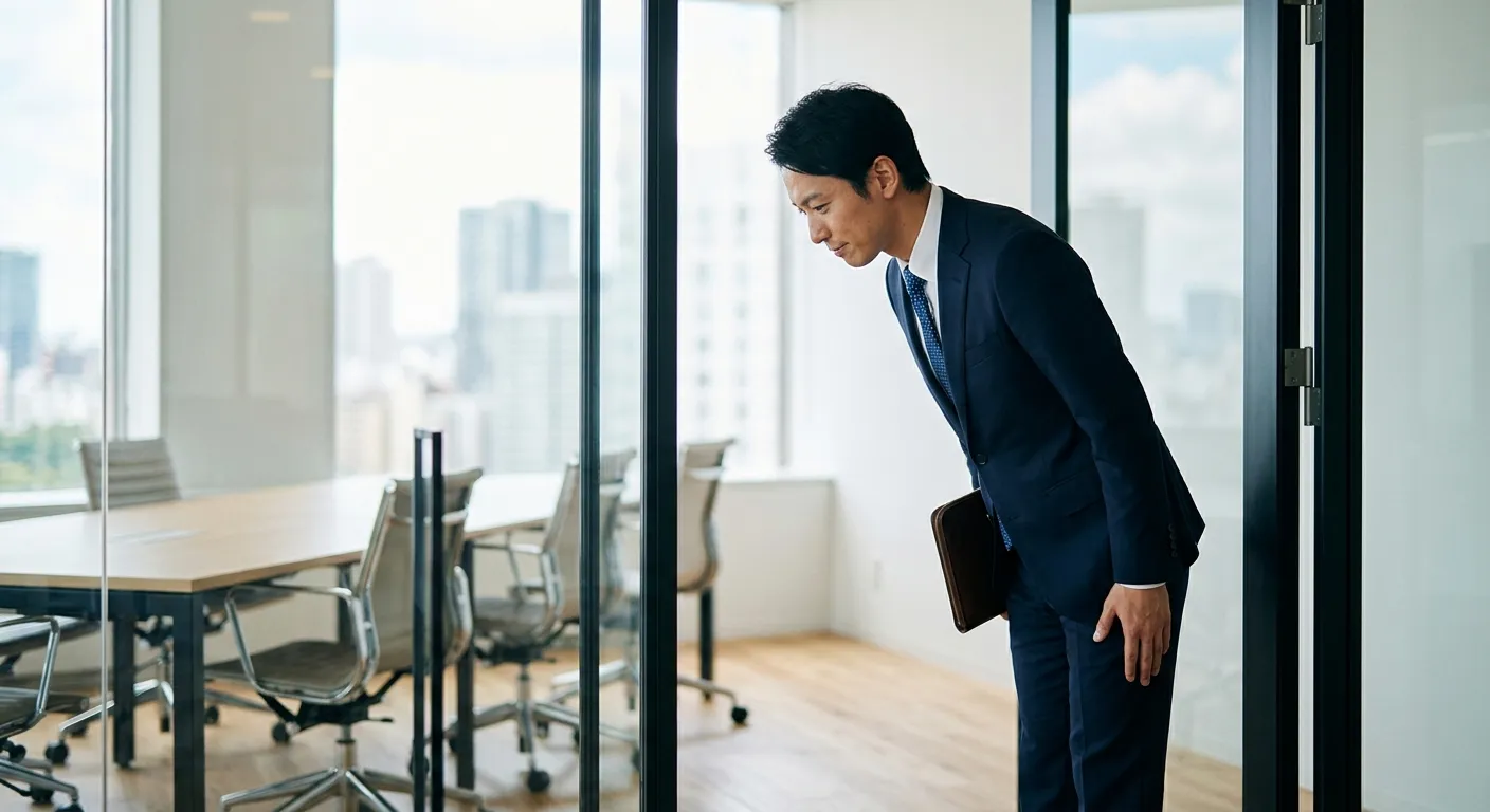 Profesional japonés entrando a una sala de reuniones con una reverencia respetuosa