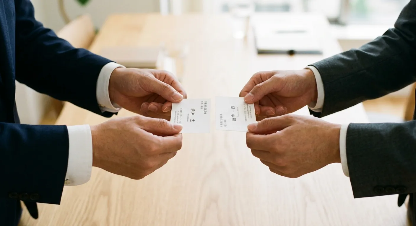 Primer plano del intercambio formal de tarjetas meishi con ambas manos entre dos profesionales