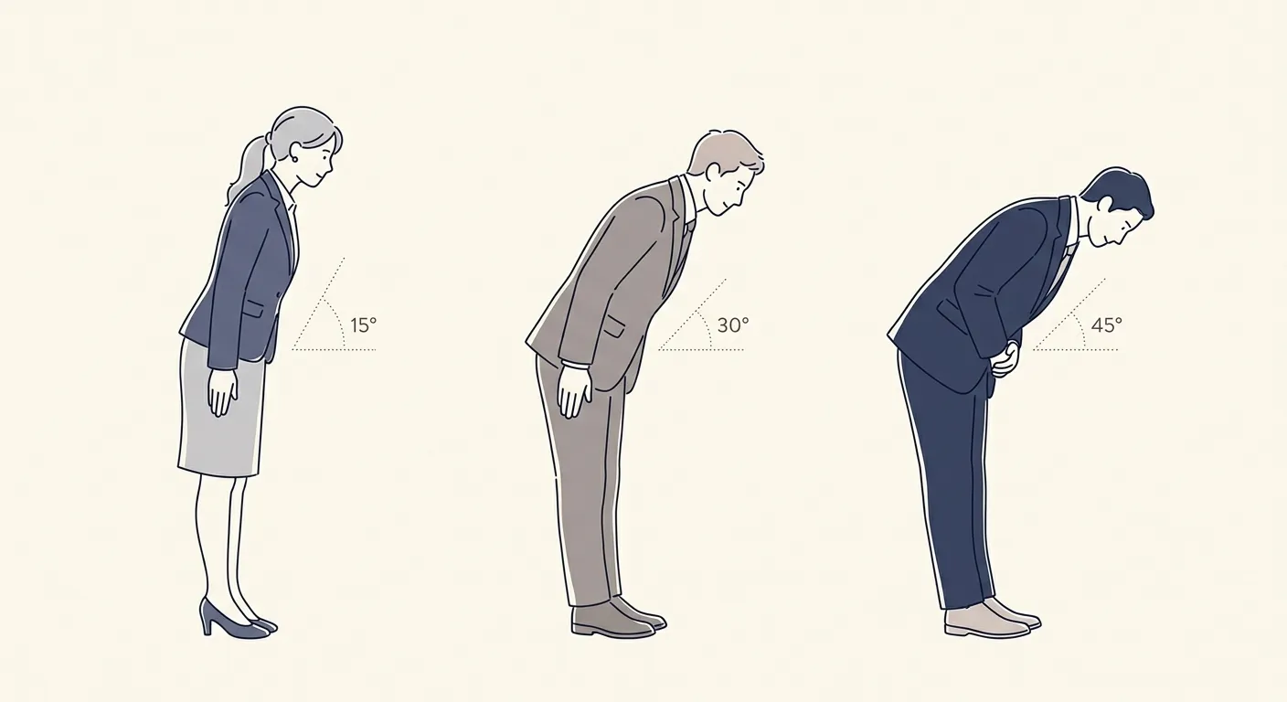 Ilustración editorial de tres figuras profesionales mostrando los tres tipos de reverencia japonesa