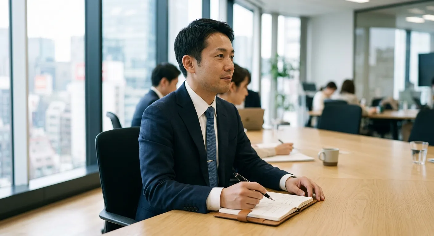 Profesional japonés en una reunión con postura compuesta y atenta tomando notas