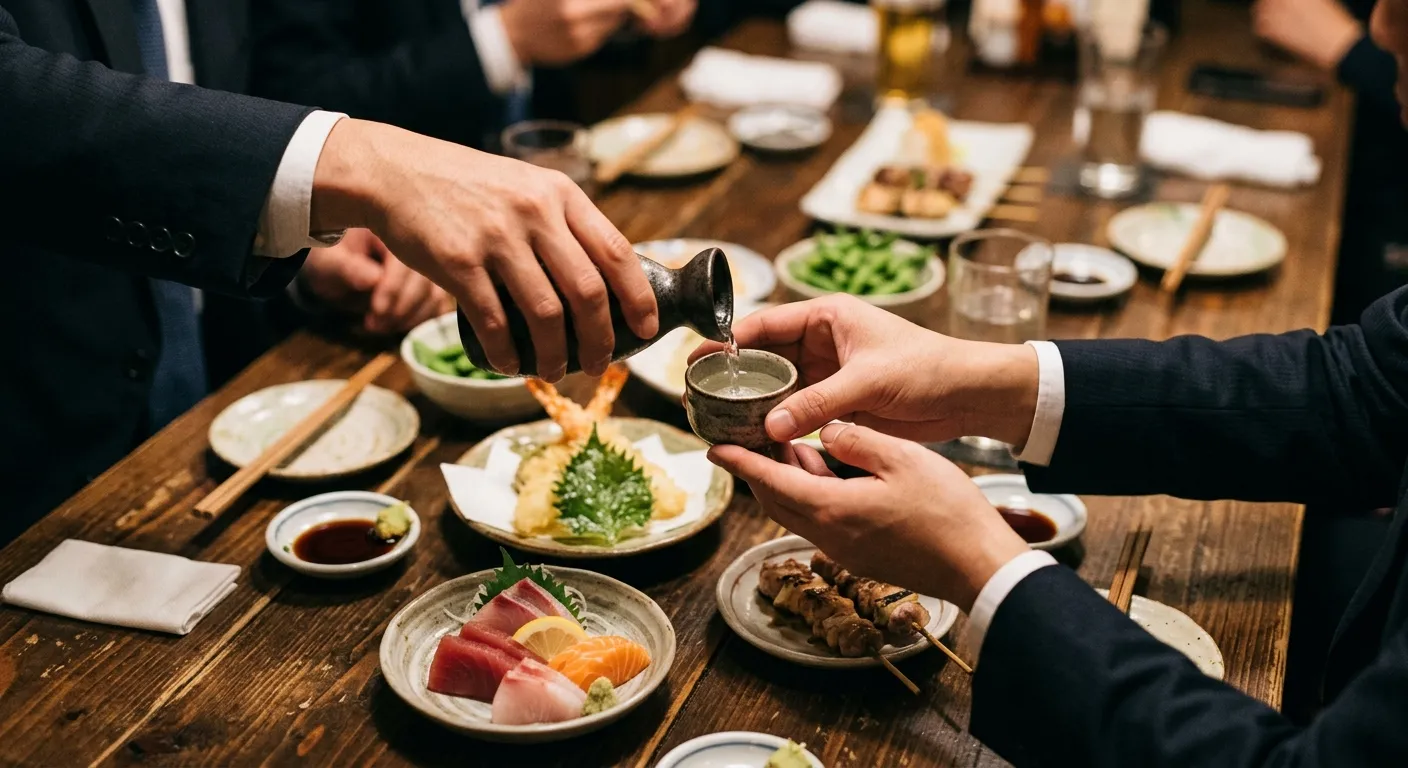 Cena de negocios japonesa con un profesional sirviendo sake al otro con ambas manos