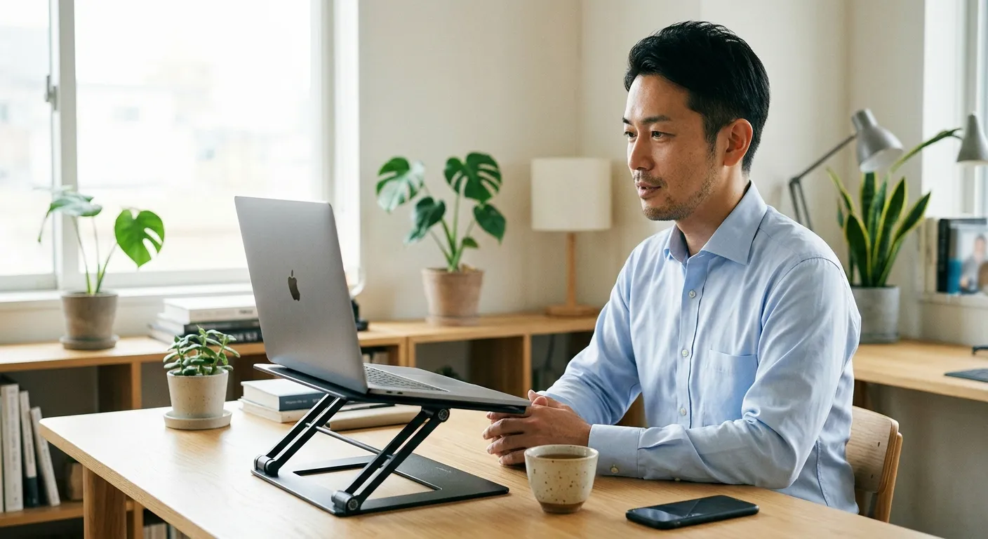 Profesional japonés participando en una reunión virtual con postura erguida y profesional