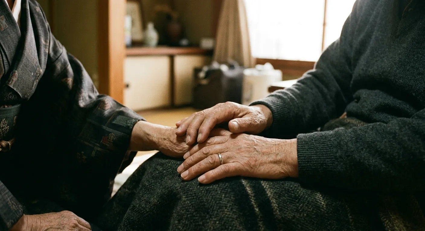Las manos de dos personas juntas con ternura bajo una luz calida
