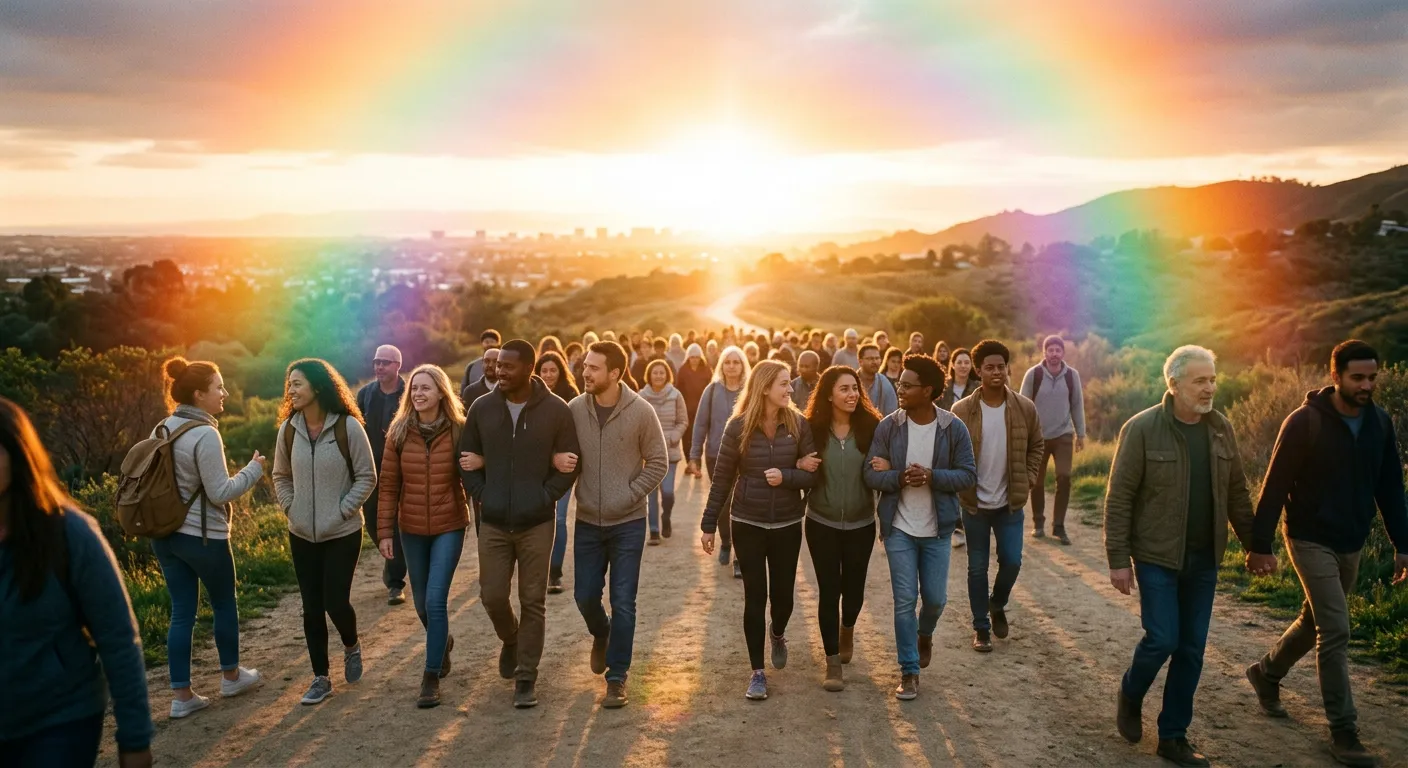 Personas avanzan con esperanza bajo una luz arcoiris hacia el futuro