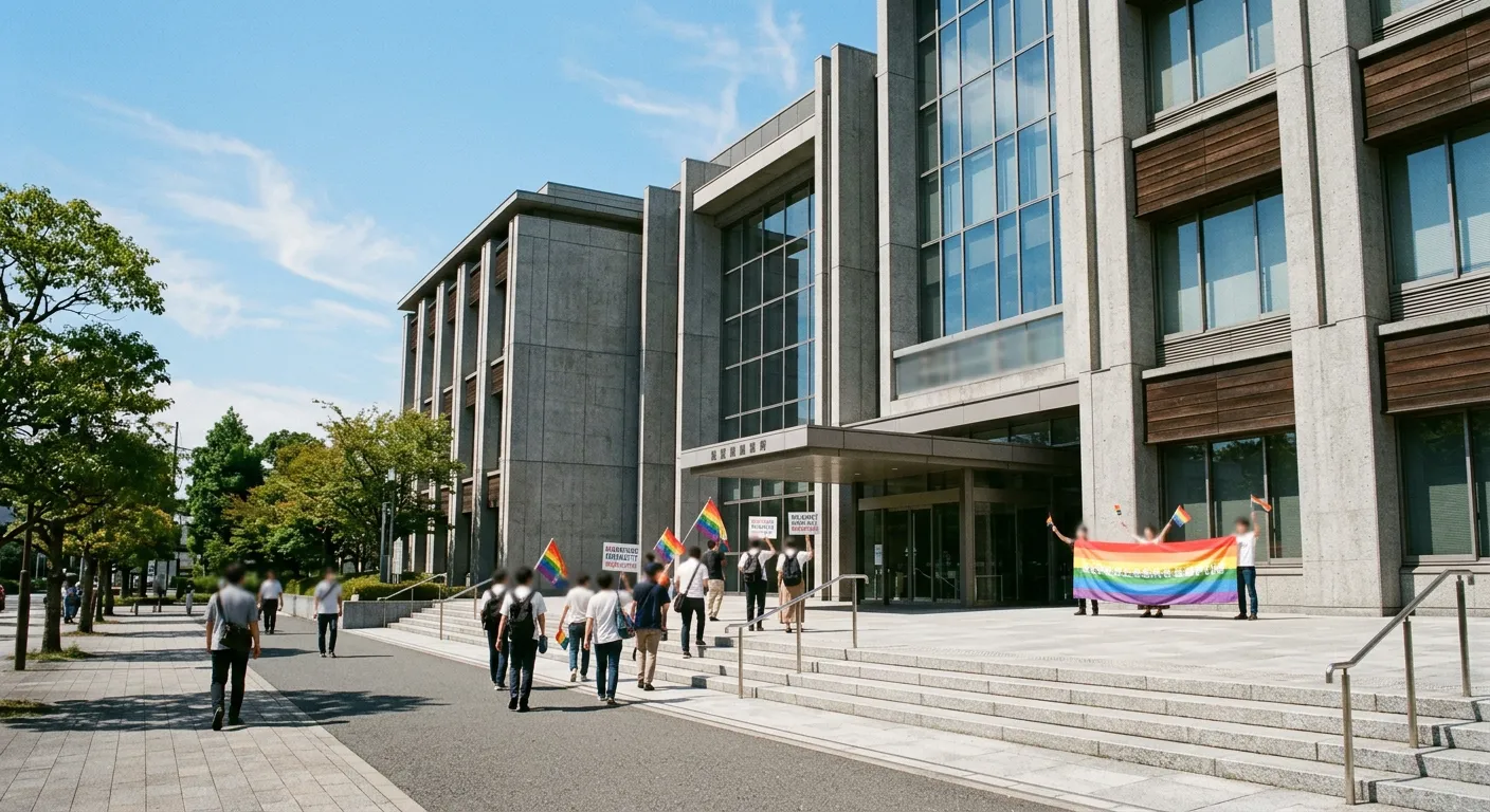 La fachada de un tribunal japones moderno bajo un cielo despejado