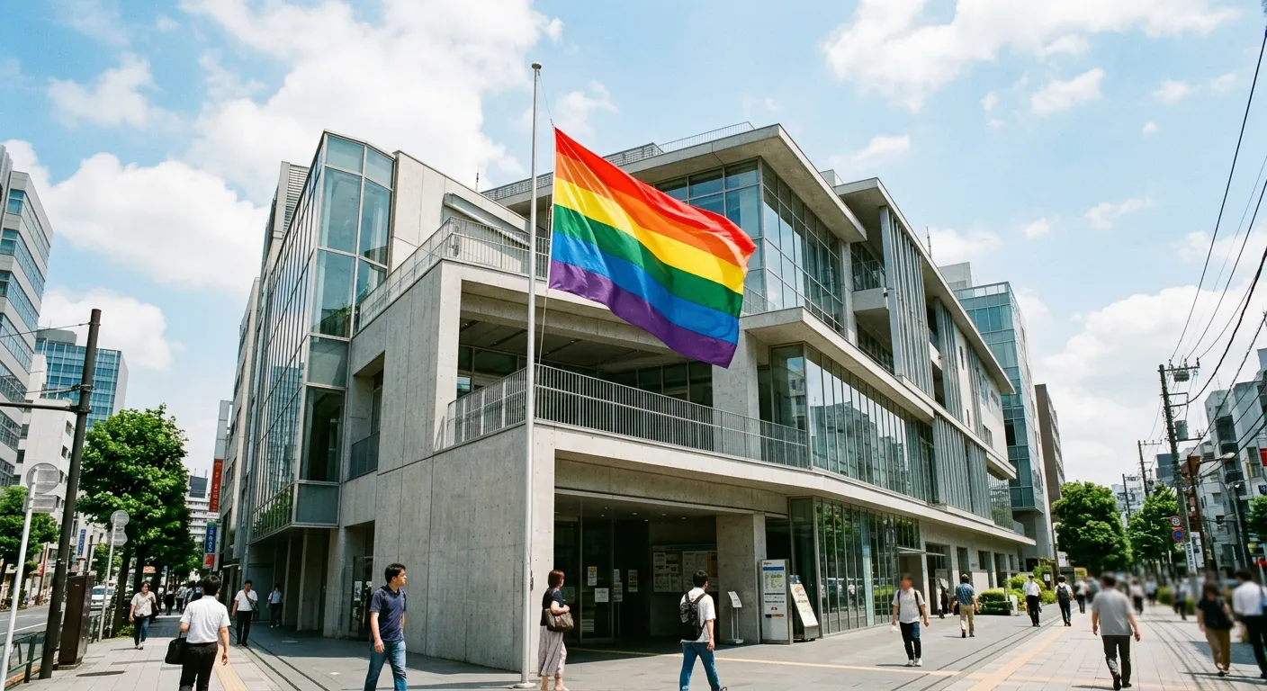 Una bandera arcoiris ondea en un edificio publico moderno en Japon