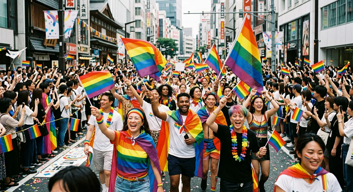 Un desfile del orgullo animado en Tokio con banderas arcoiris