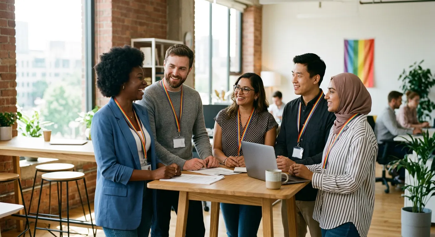 Empleados diversos con acreditaciones arcoiris en una empresa moderna