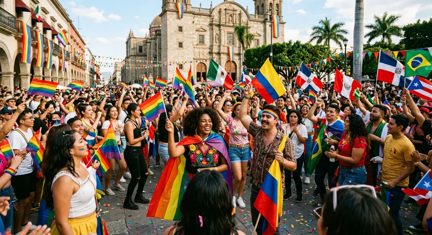 Una colorida celebracion del orgullo hispana con gente diversa en una plaza