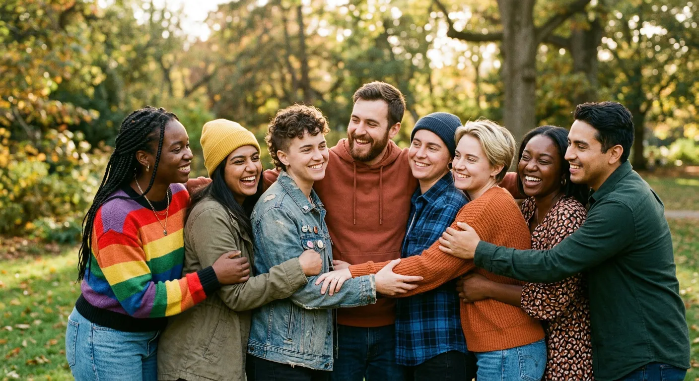 Un circulo calido de amigos diversos que se apoyan y abrazan
