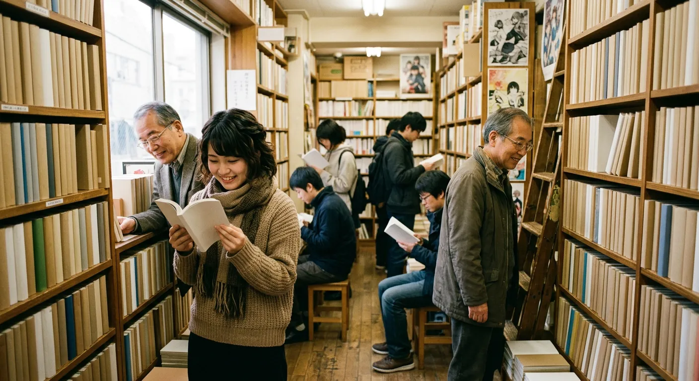 Una libreria japonesa animada con gente disfrutando de la cultura del manga