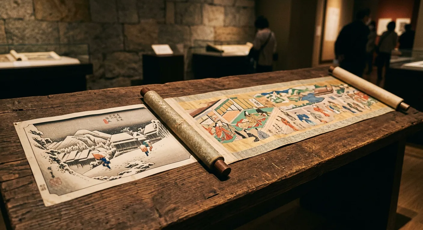 Un antiguo grabado ukiyo-e y un rollo ilustrado, raices del manga