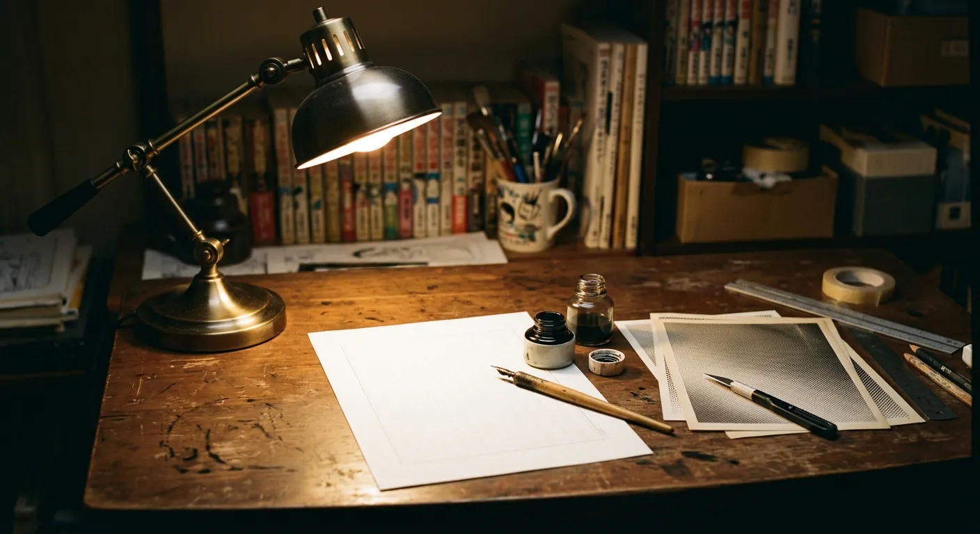 El escritorio de un mangaka con plumilla, tinta y papel en blanco