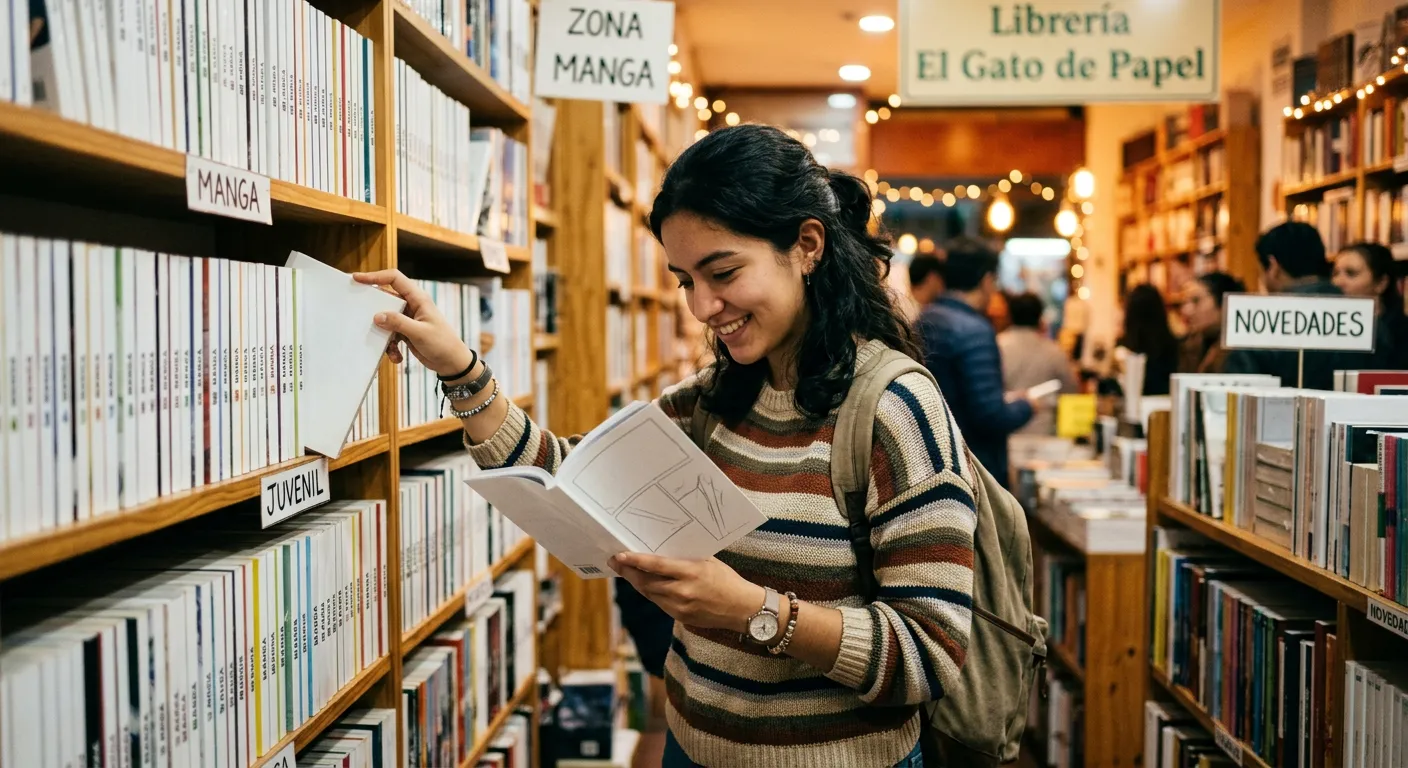Un lector latinoamericano curiosea la seccion de manga de una libreria