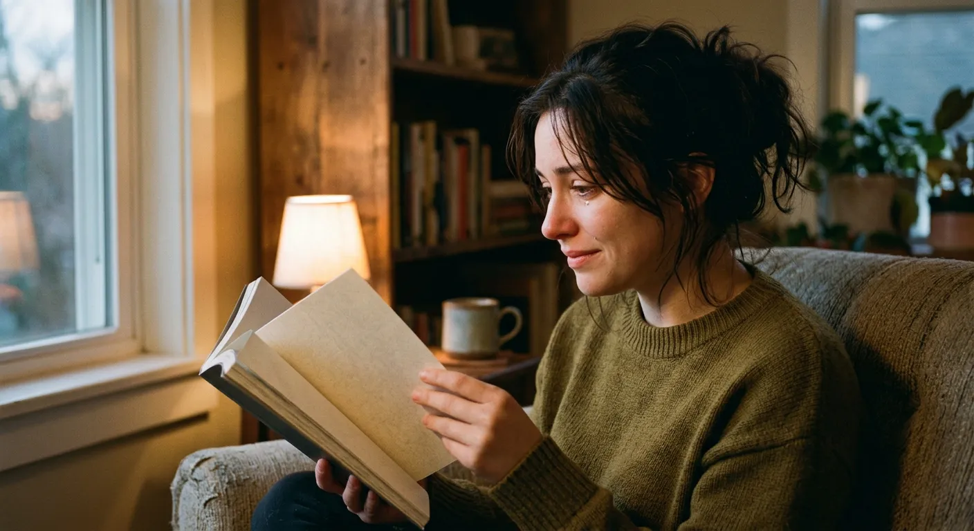 Una persona absorta y conmovida leyendo un manga