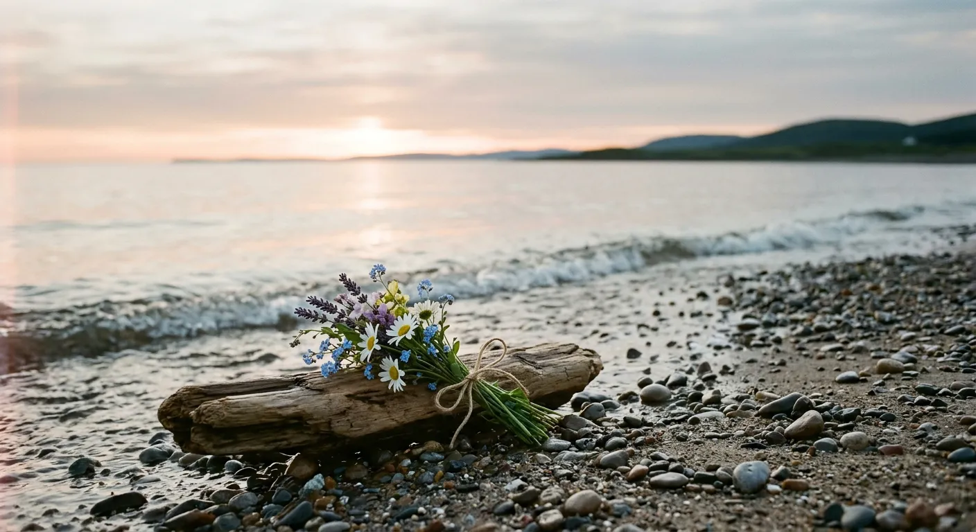 Un ramo de flores junto a una costa tranquila al amanecer, en memoria