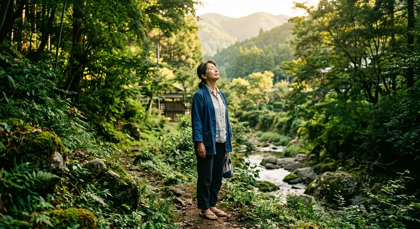 Una persona respira tranquila en un paisaje verde, en armonia con la tierra