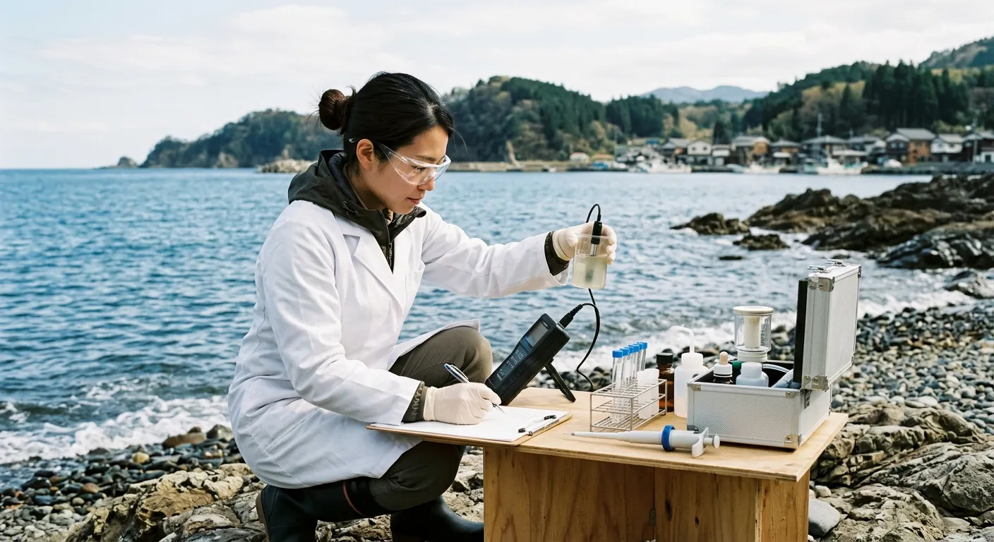 Una cientifica analiza una muestra de agua junto al mar con instrumentos