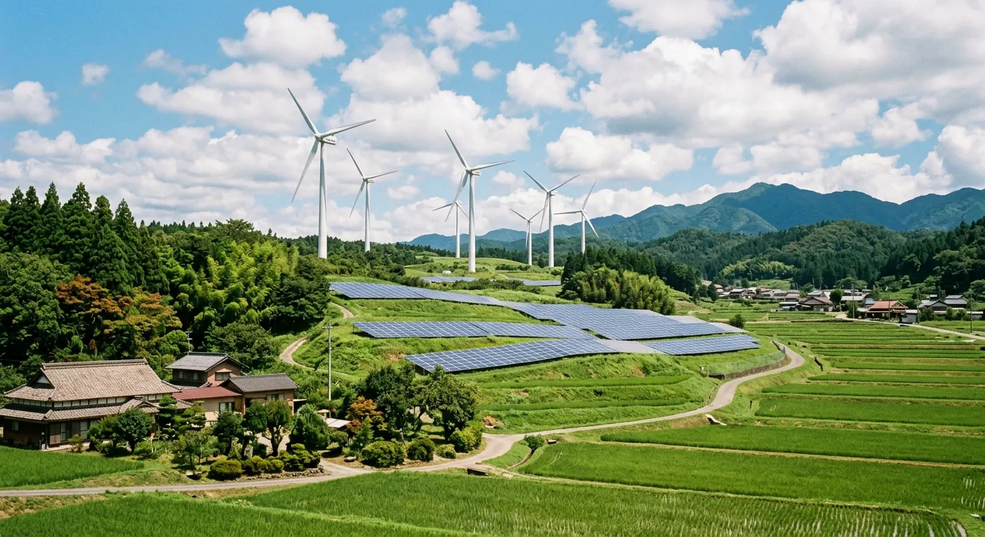 Aerogeneradores y paneles solares en un paisaje verde japones