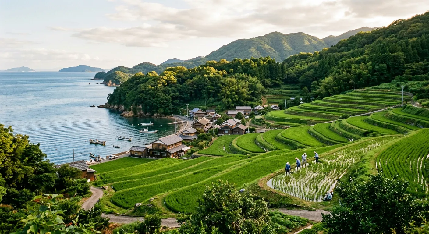 Un paisaje de satoyama con arrozales y colinas junto a una costa serena