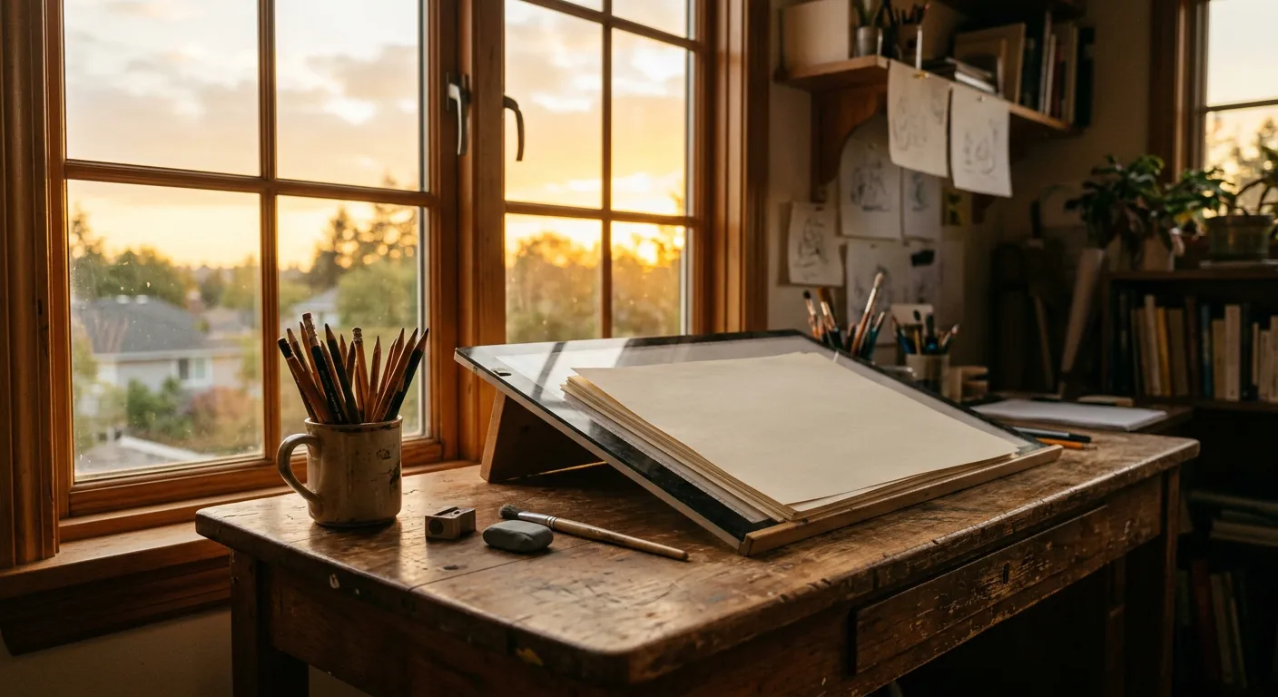 Un escritorio de animador al atardecer, simbolo de un legado duradero