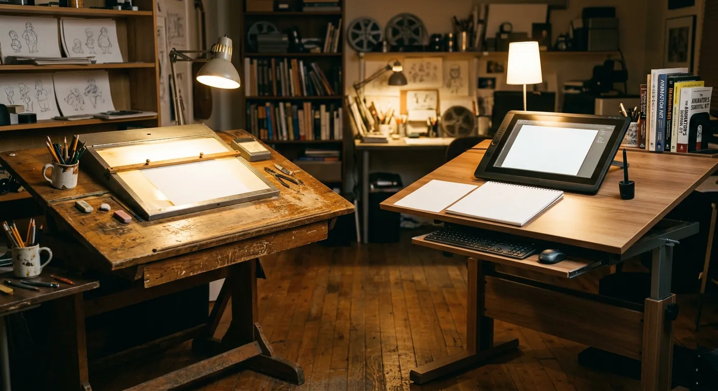 Dos escritorios de animador enfrentados, dos generaciones creativas