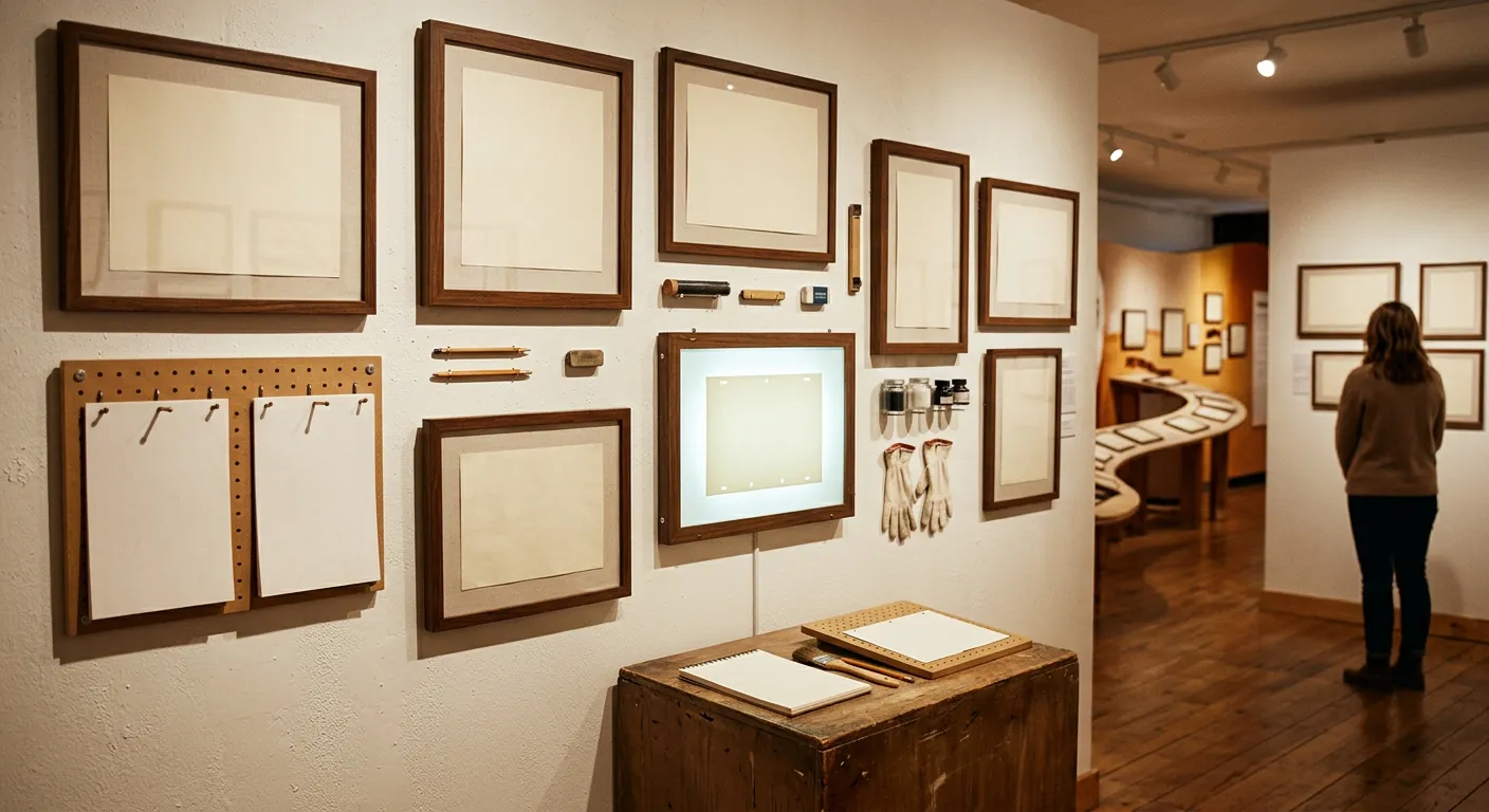 Un espacio de exposicion generico con bocetos y herramientas de animacion