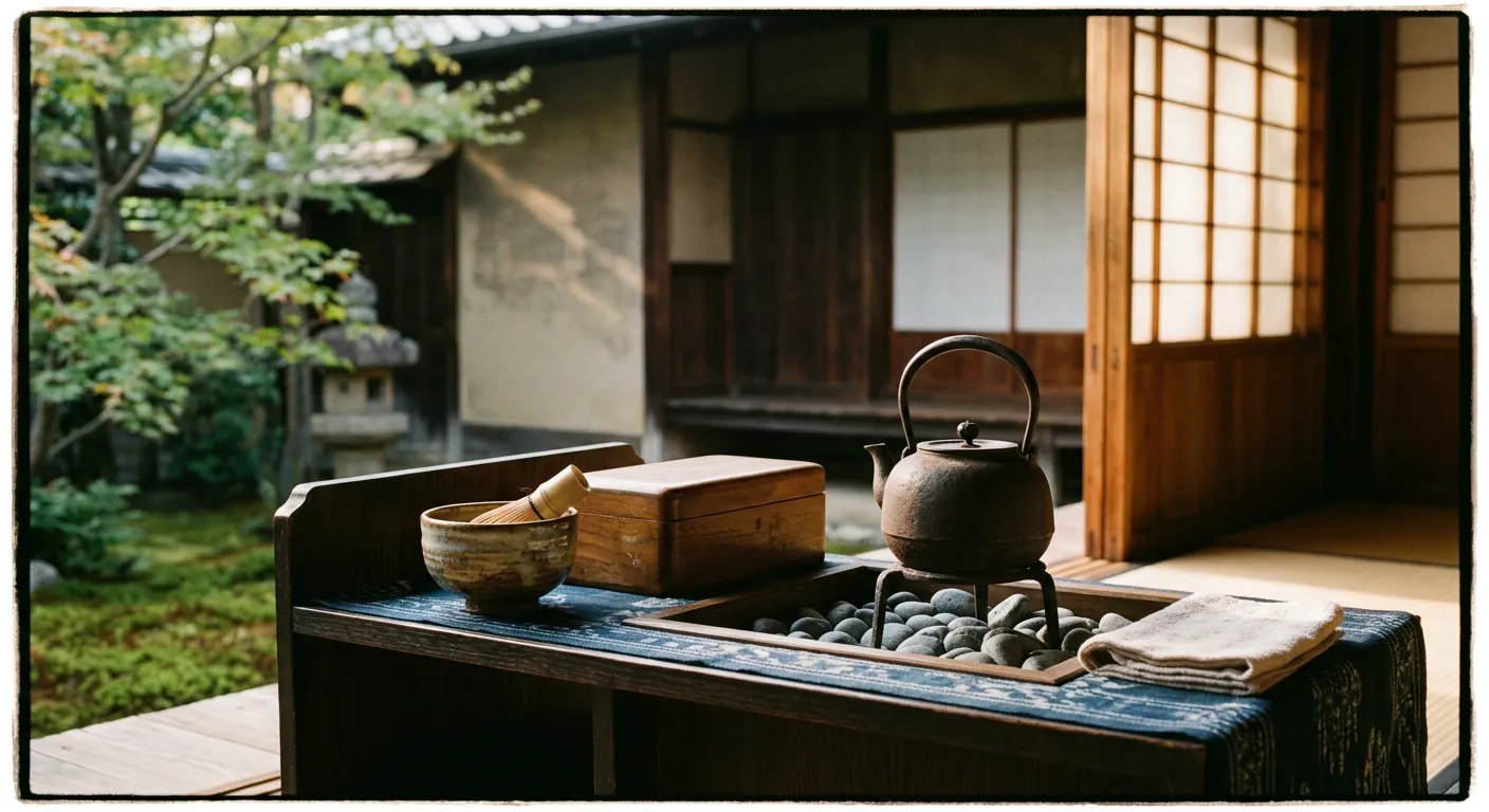 Un templo japones sereno con objetos humildes, las raices budistas