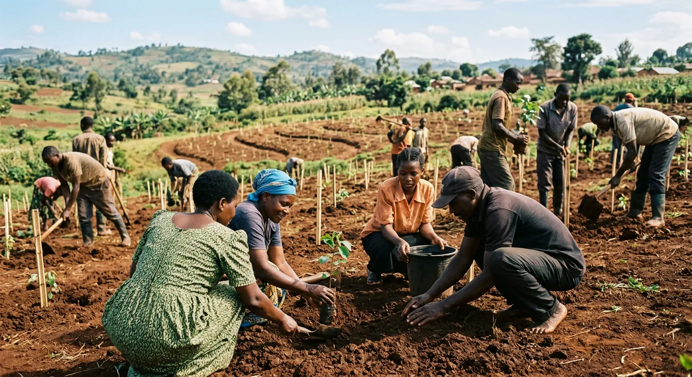 Una comunidad africana planta arboles jovenes, un movimiento ambiental