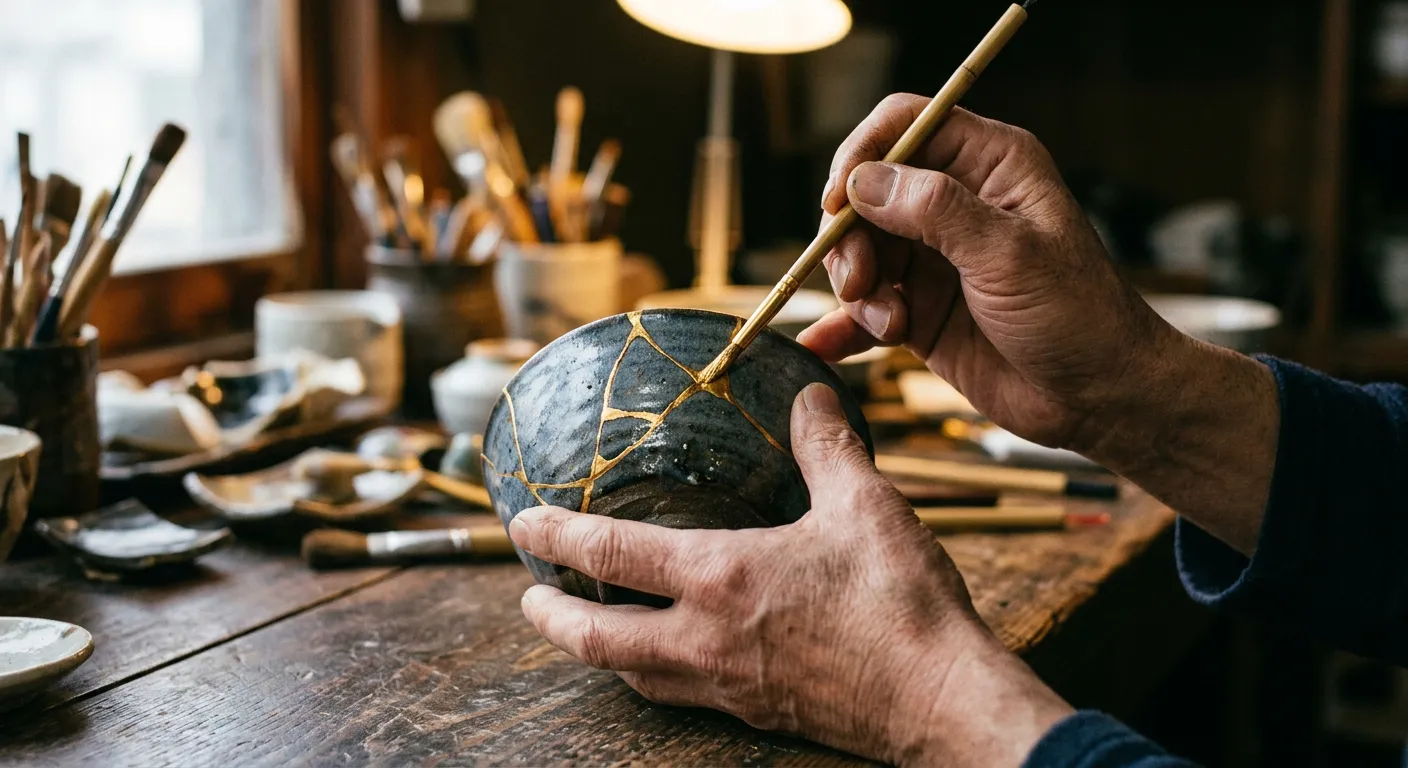 Unas manos reparan un cuenco roto con kintsugi y vetas doradas