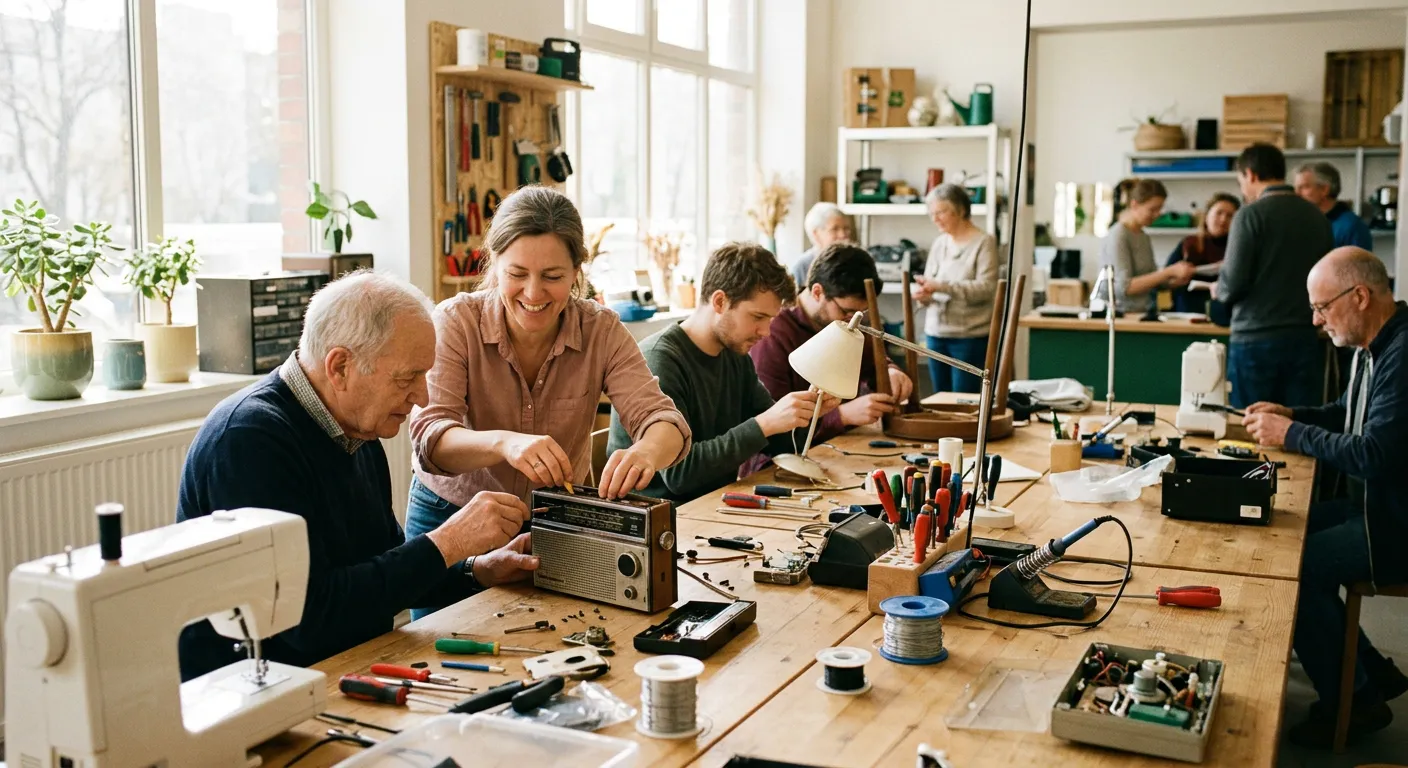 Un repair cafe moderno donde la gente arregla objetos rotos juntos