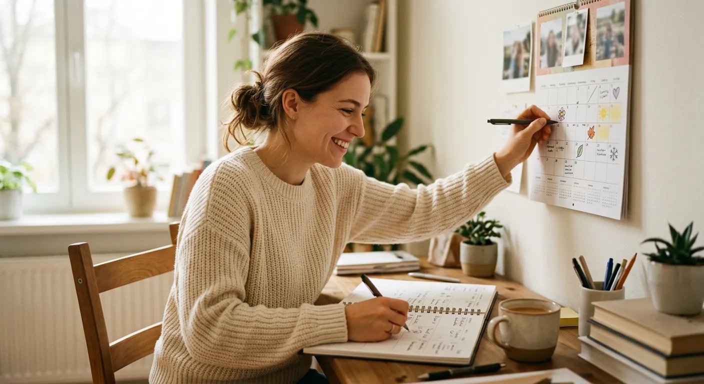 Una persona planifica el ano con una agenda y un calendario
