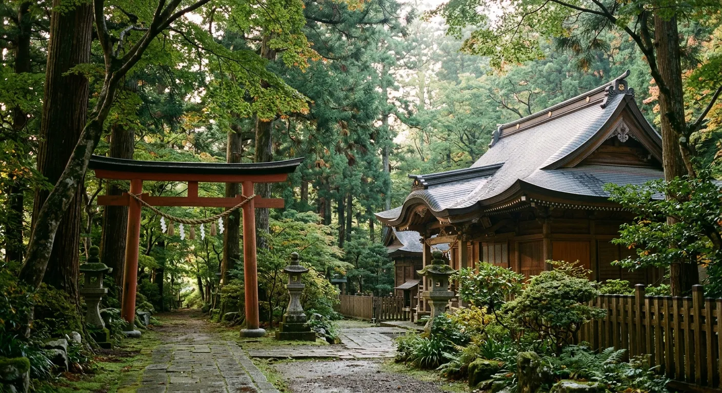 Un torii sintoista y un templo budista conviven entre los arboles