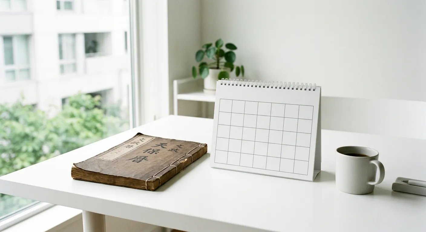 Un antiguo almanaque japones junto a un calendario moderno