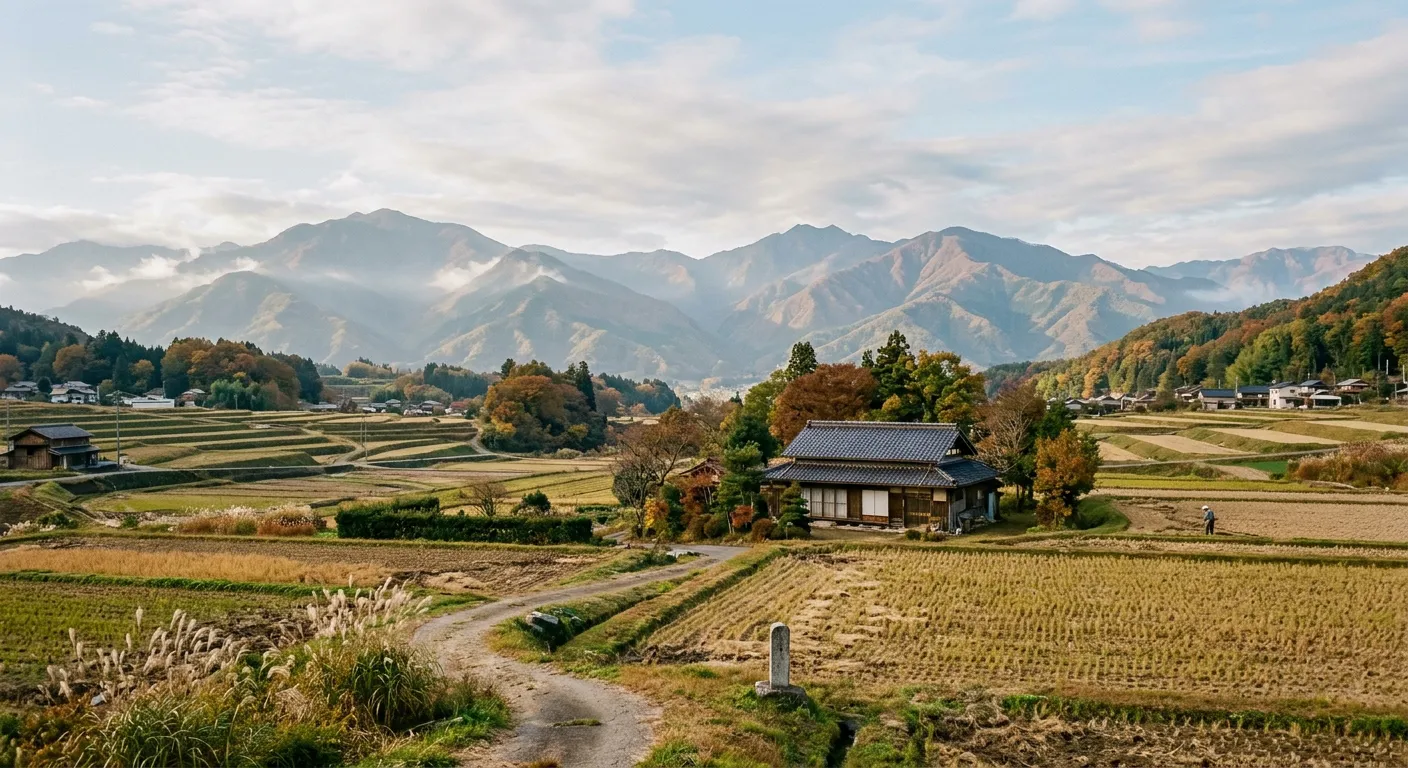 Un paisaje rural japones que muestra el cambio sutil de las estaciones