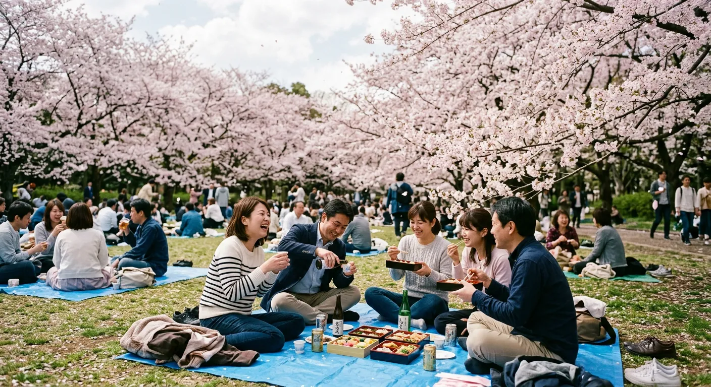 Personas disfrutan del hanami bajo los cerezos en flor en primavera