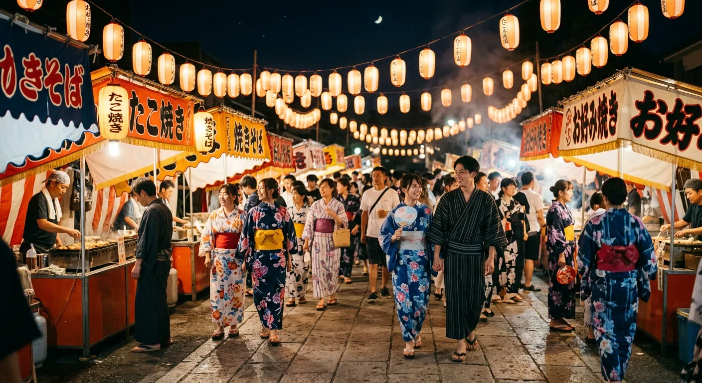 Un festival de verano de noche con farolillos y gente en yukata