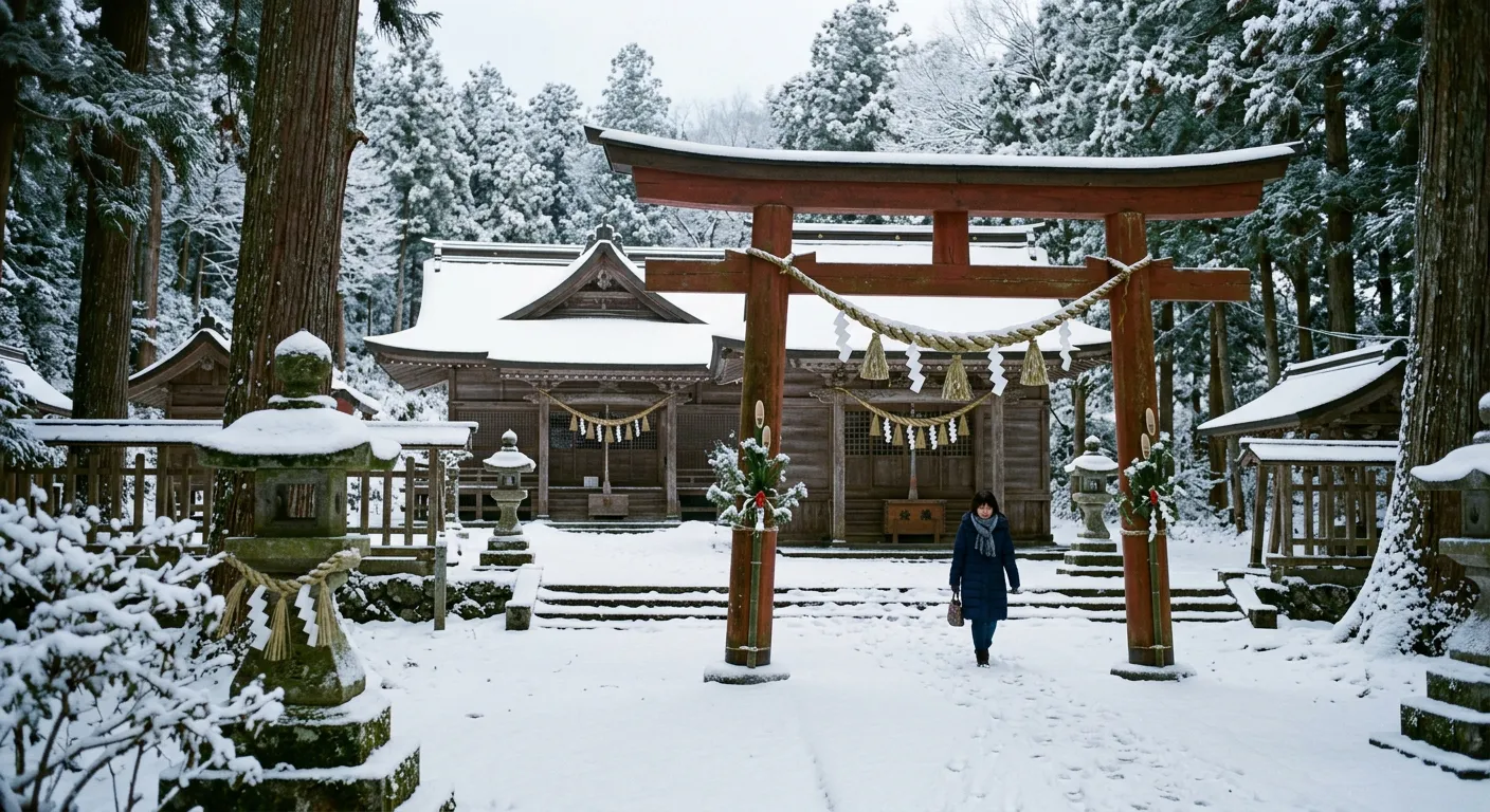 Un santuario nevado en invierno con adornos de ano nuevo
