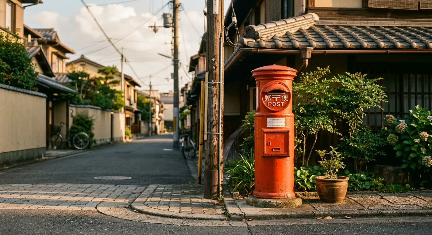 Buzón de correos rojo japonés en esquina de calle tranquila
