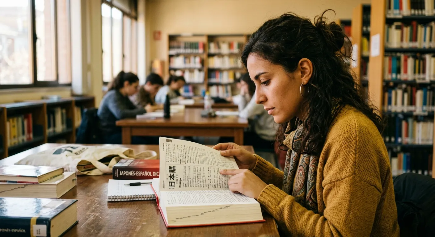 Joven castellana buscando nihongo en diccionario japonés en biblioteca