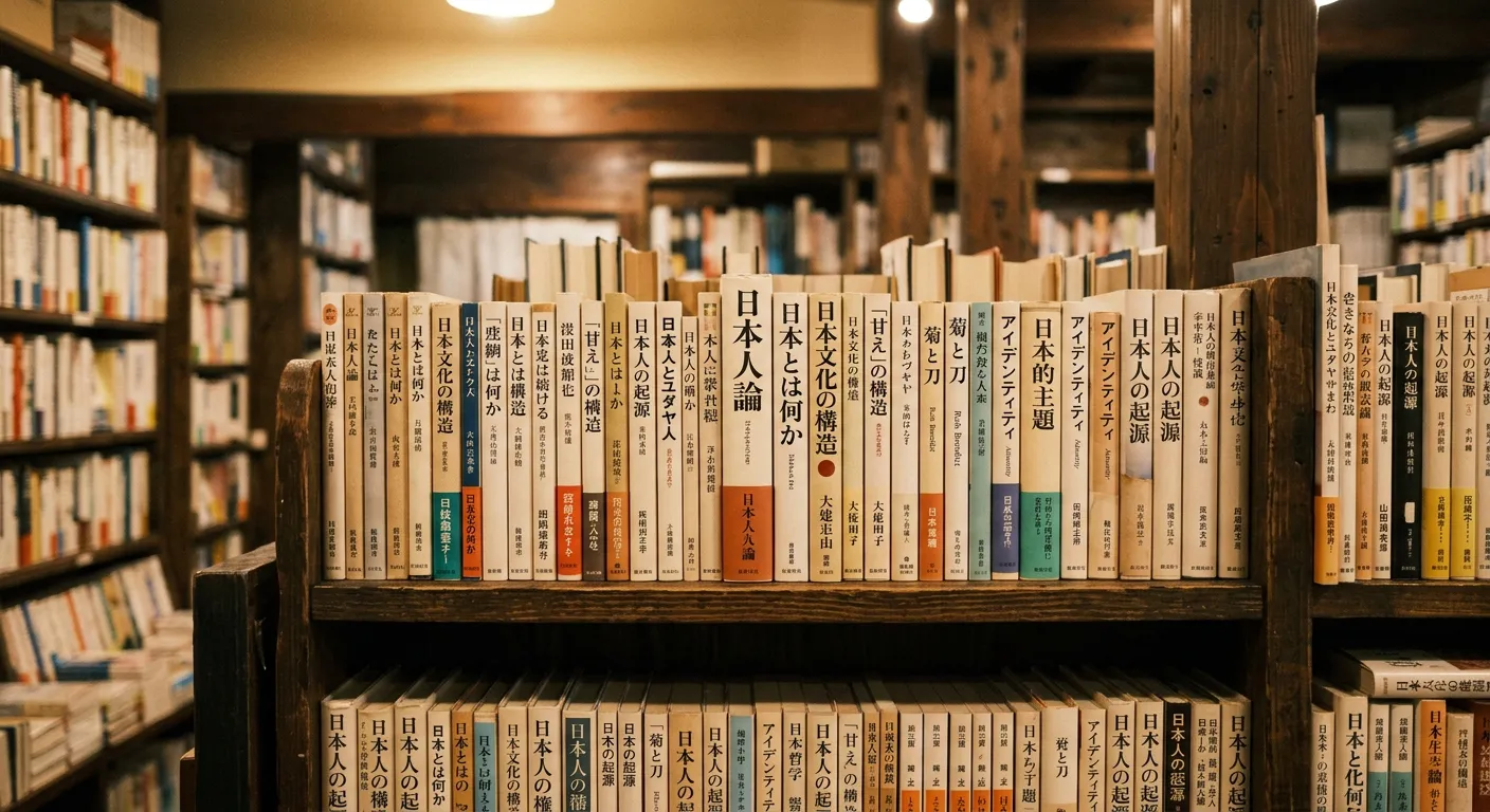 Estantería de librería japonesa con libros sobre cultura e identidad japonesa