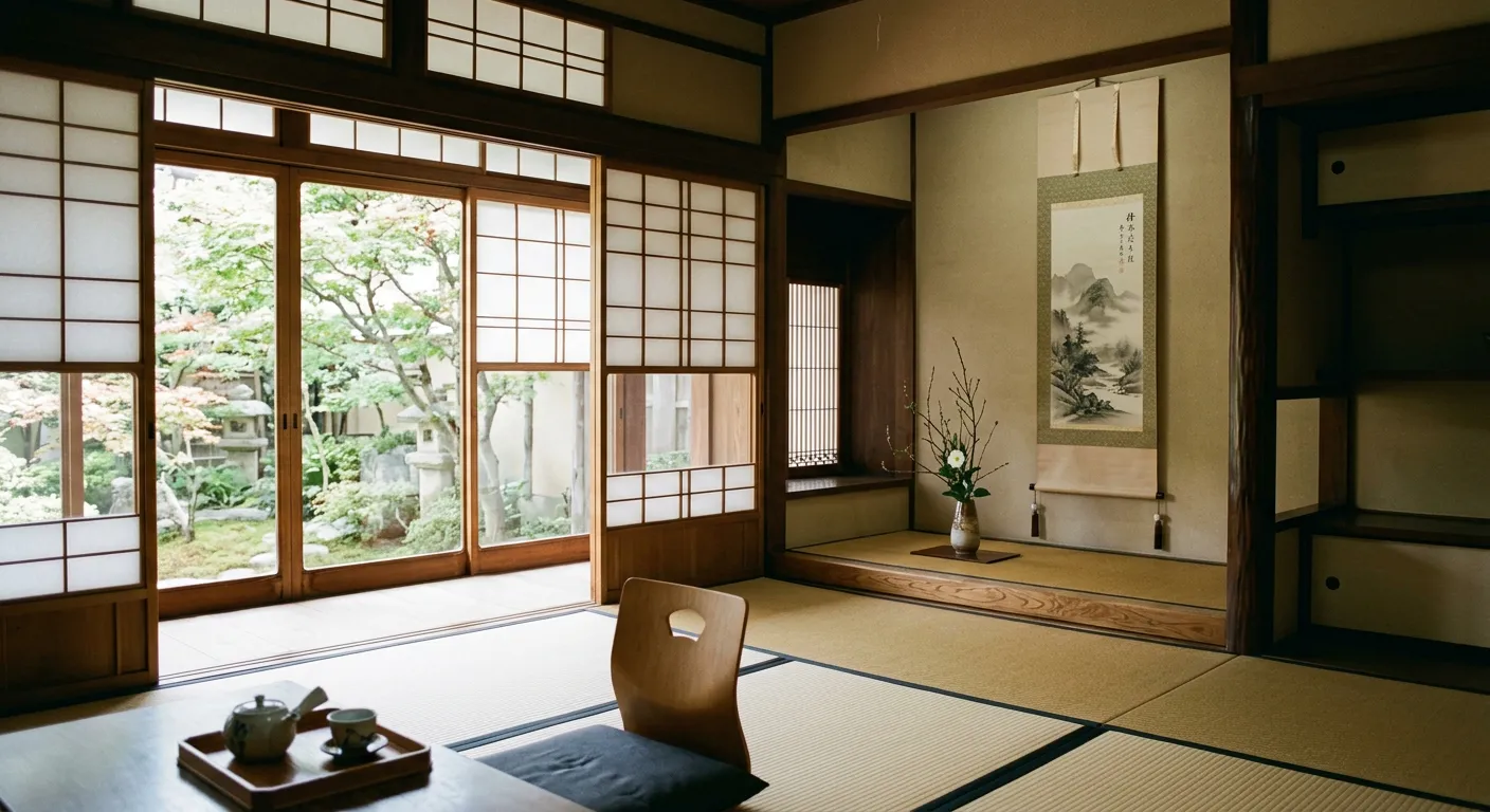 Sala japonesa tradicional con tatami, shoji y kakejiku, esencia de wa