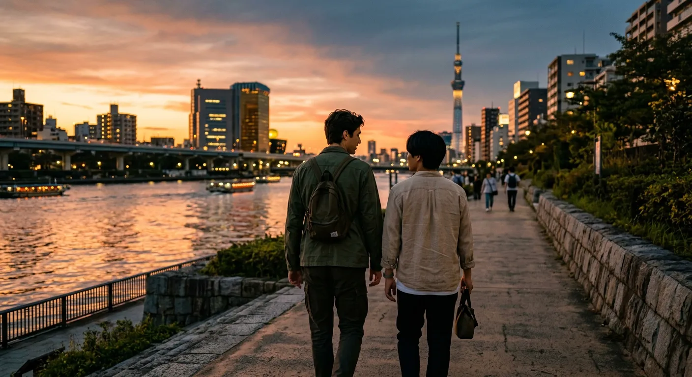 Joven castellano y amigo japonés caminando por río de Tokio al atardecer