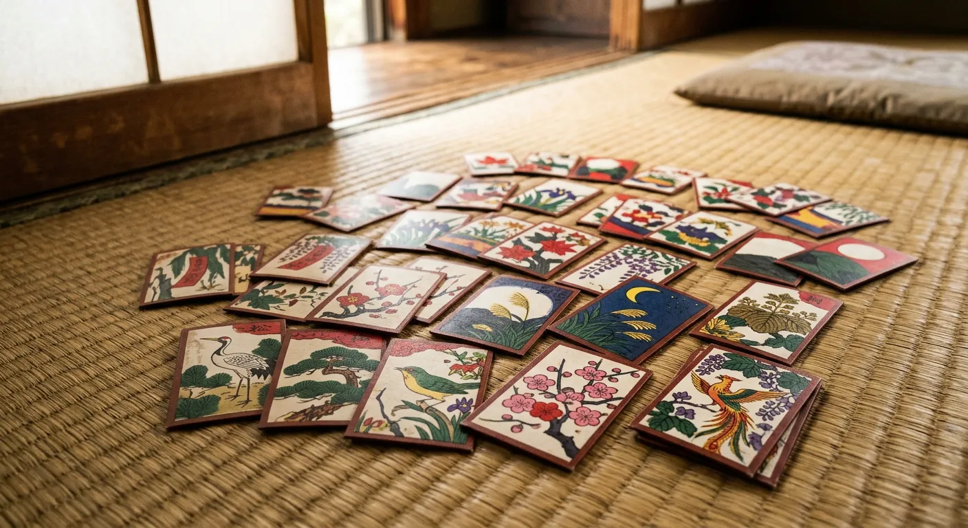 Cartas tradicionales japonesas hanafuda extendidas sobre un tatami