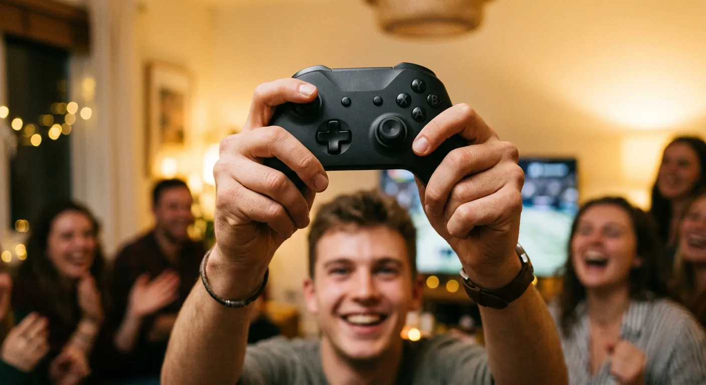 Unas manos alzan con alegria un mando de videojuegos generico