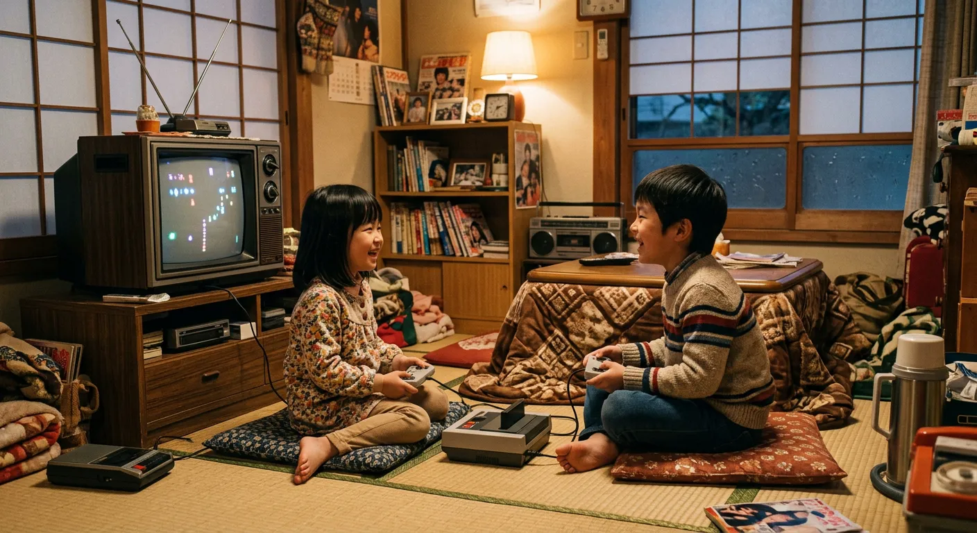 Ninos juegan con una consola retro generica en un salon japones de los 80
