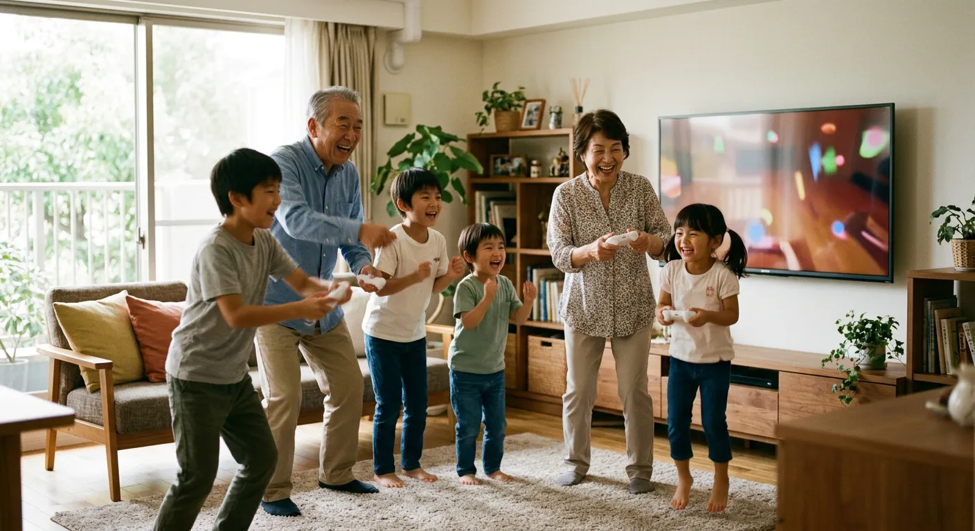 Personas de todas las edades rien jugando juntas a una consola generica