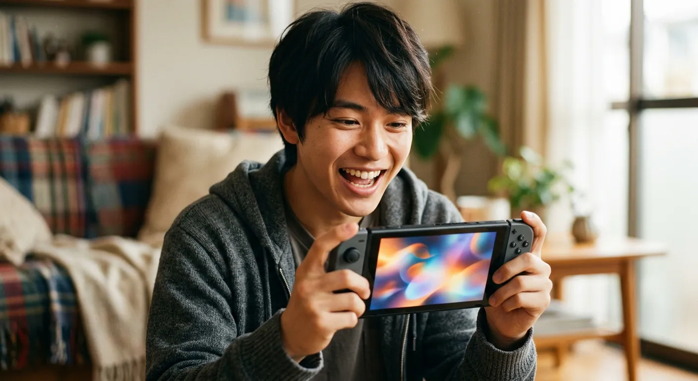 Un joven japones sostiene una consola portatil moderna generica